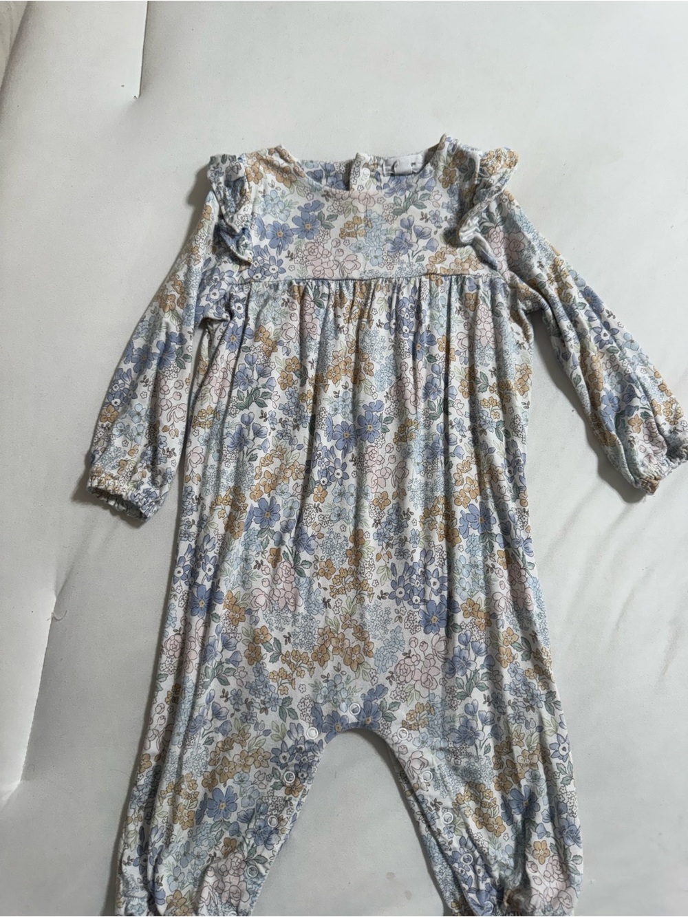 Angel Dear Baby Floral Long-Sleeve Romper in Pastel Blue and Cream | 6-12M